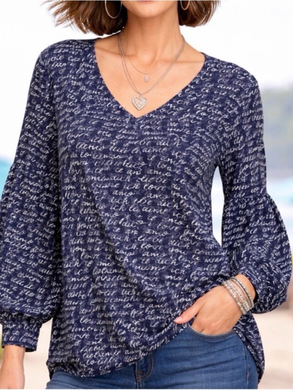 CAbi Navy Lightweight Love Blouse Script Print V-Neck 5336 popover Coastal Sz S